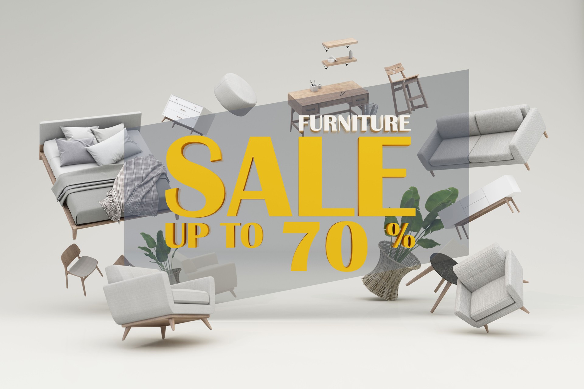 interior design concept Sale of home decorations and furniture During promotions and discounts, it is surrounded by beds, sofas, armchairs and advertising spaces banner. pastel background. 3d render